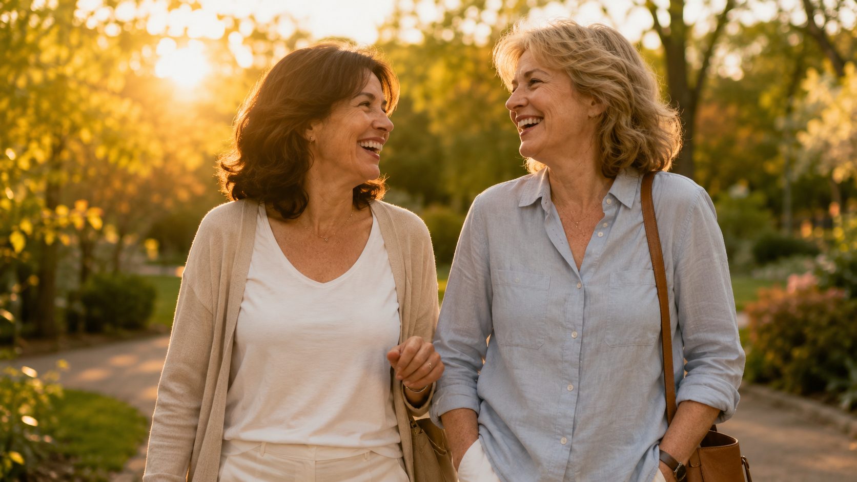 Duas amigas a conversar e a sorrir ao ar livre, ao fim da tarde