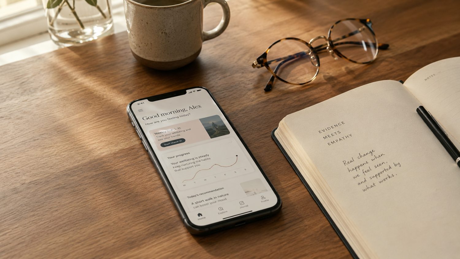Telemóvel com a app, caderno e óculos numa mesa, em luz suave