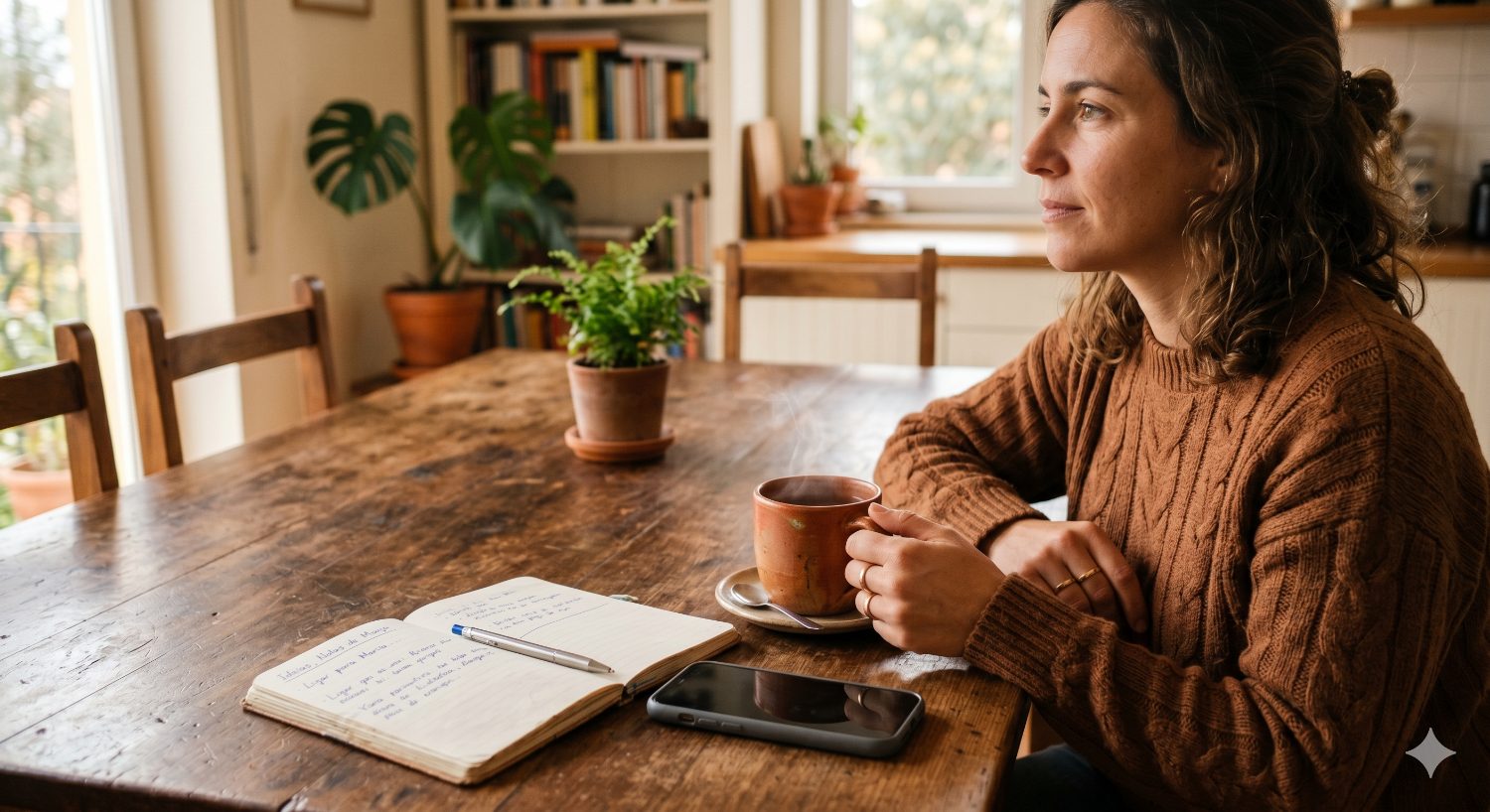 Mulher pensativa à mesa de casa, com chá, caderno e telemóvel
