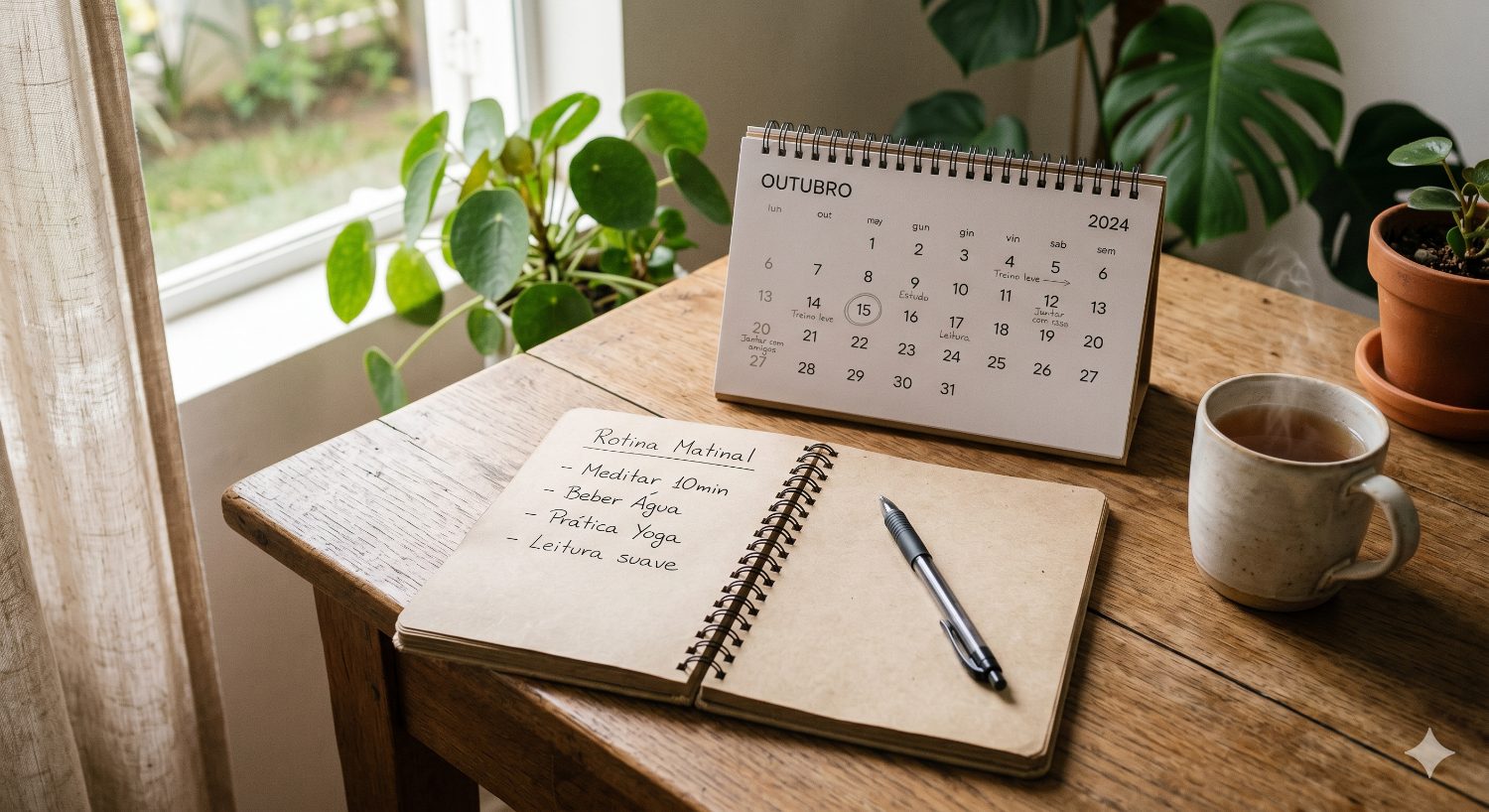 Caderno de rotina matinal e calendário numa mesa com luz matinal